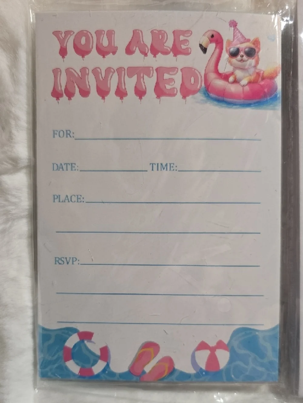 Pool Party 30 Cards & 30 Envelope Invitations Pink Flamingo Float & A Cat Summer